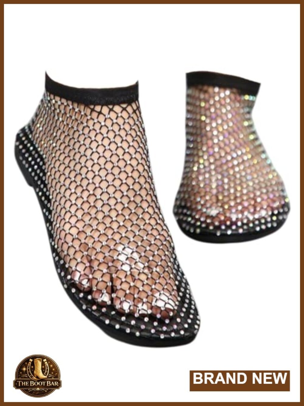 Mesh Flats for Women Rhinestone Fishnet Slip On Sandals Low Heel